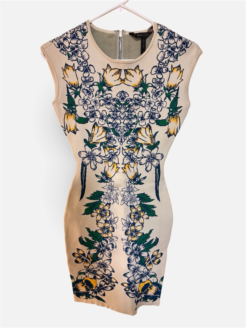 BCBGMaxAzria Cream Mini Dress with Green & Navy Floral Motif